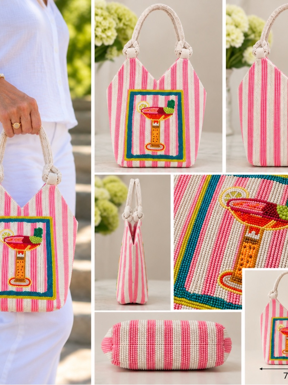 Beaded Pink Striped Mini Tote with Cocktail Motif